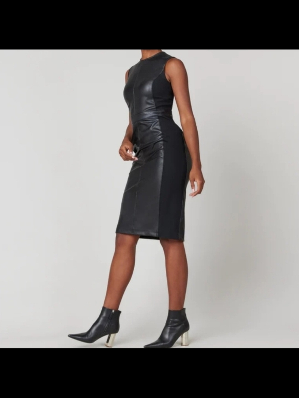 SPANX Black Sleeveless Faux Leather Midi Sheath Dress